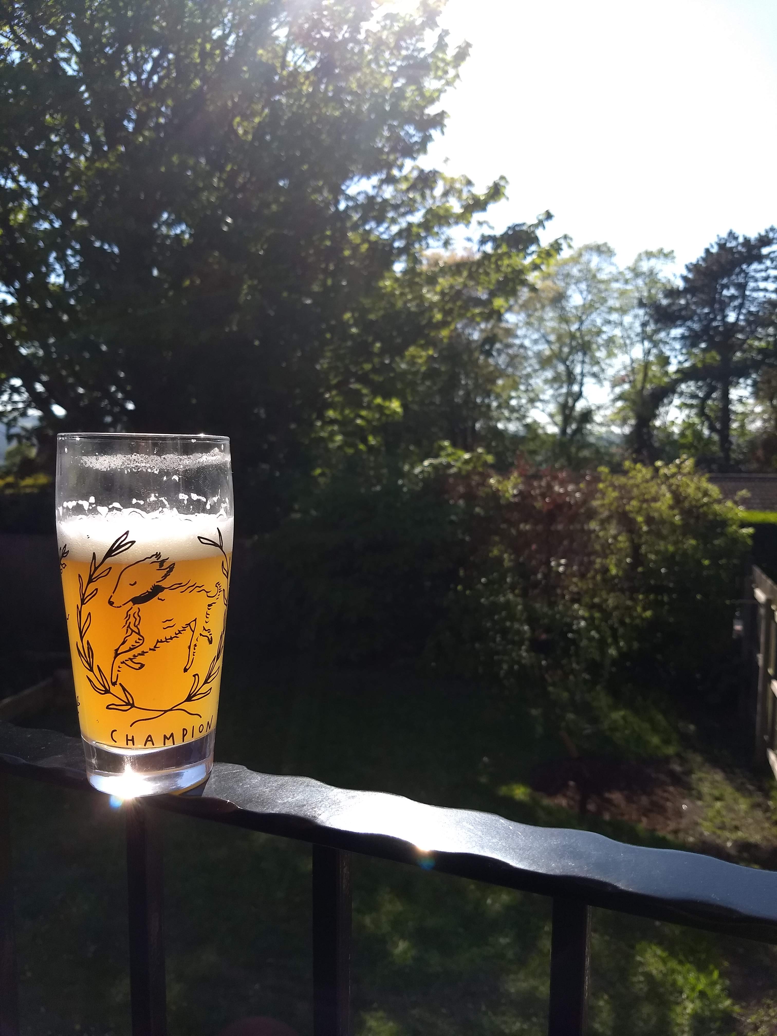 A glass of beer on a balcony in the sun